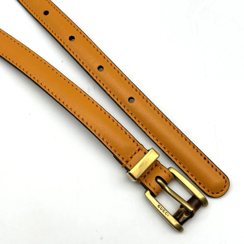 Authentic GUCCI 339065 Marigold Leather Bamboo Buckle Skinny Belt 36 Italy $449
